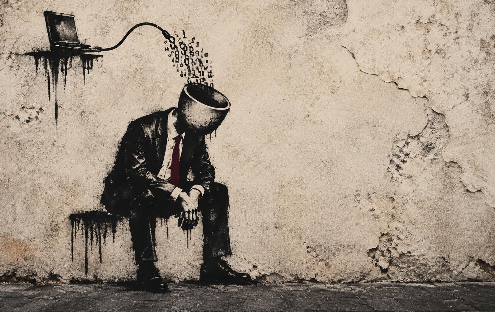 Stencil artwork of a man in a suit with a hollow head, filled by text pouring from a laptop