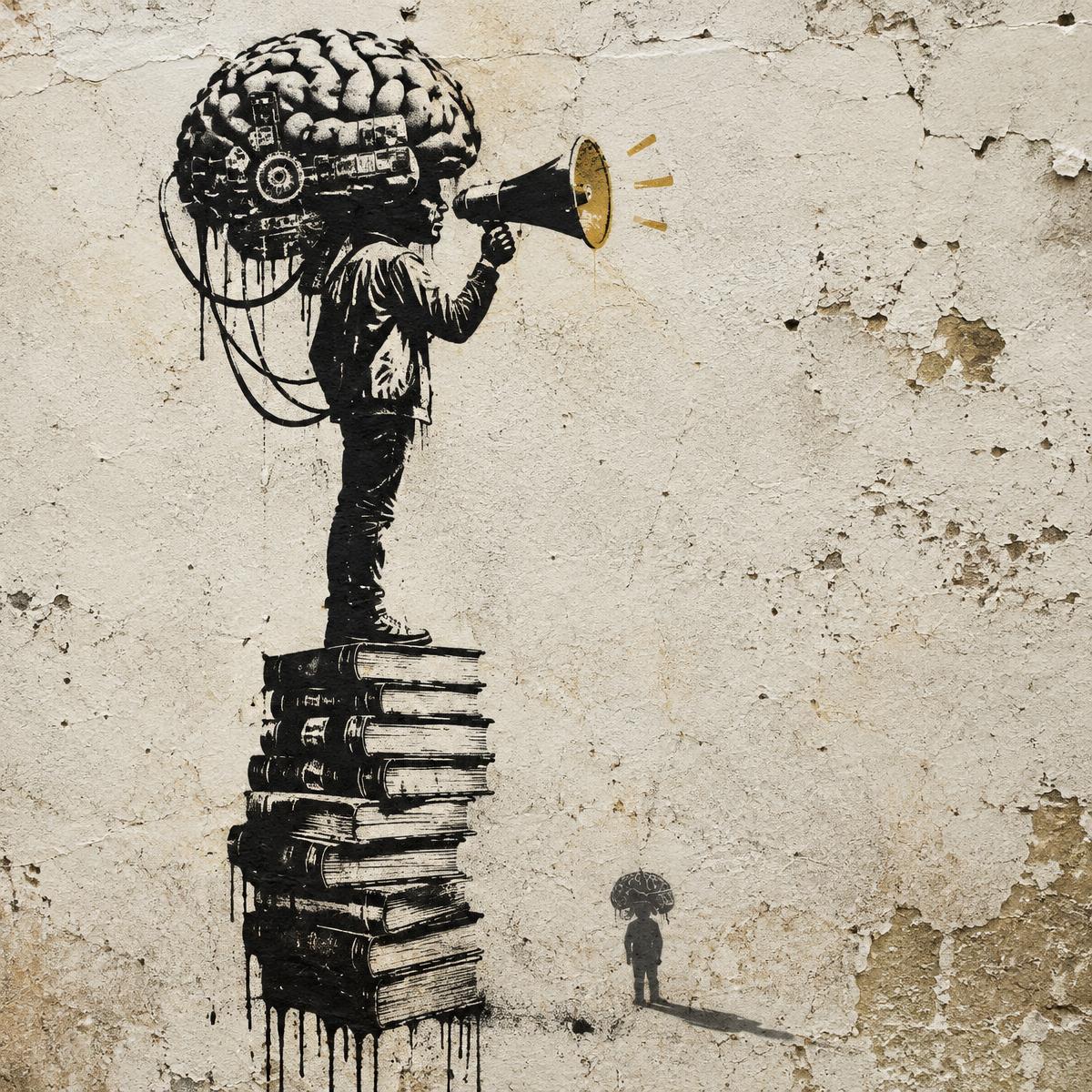 Stencil of a figure on a stack of books wearing a giant mechanical brain, shouting through a megaphone, with a tiny shadow